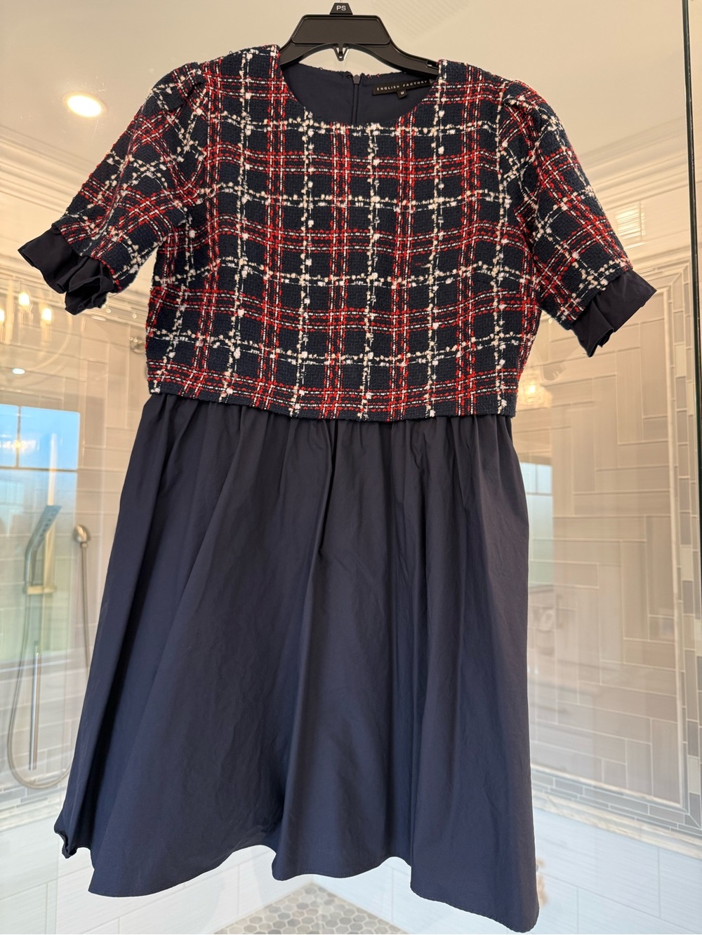English Factory Navy and Red Plaid Two-Tone Dress